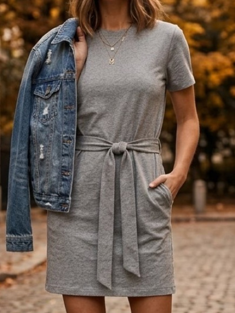 VINCE Heather Gray Heavy Jersey Tie-Belt T-Shirt Dress L Fall Minimalist